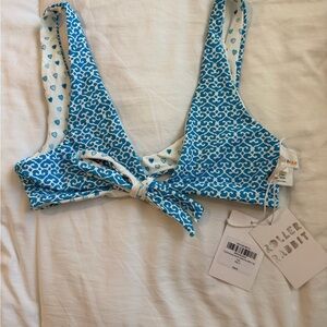 Roller Rabbit Turquoise & White Patterned Bikini Top with Front Tie